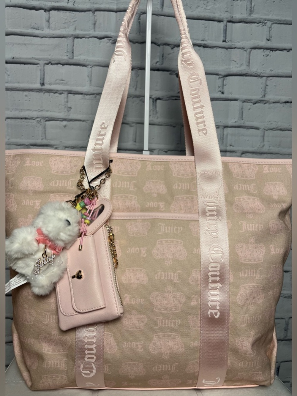 NWT Juicy Couture Pale Pink Logo Tote with Plush Charm & Zipper Closure